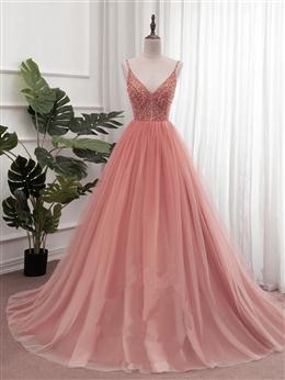 Picture of Dark Pink Sequins V-neckline Straps Long Evening Dresses, Tulle Pink Formal Dresses